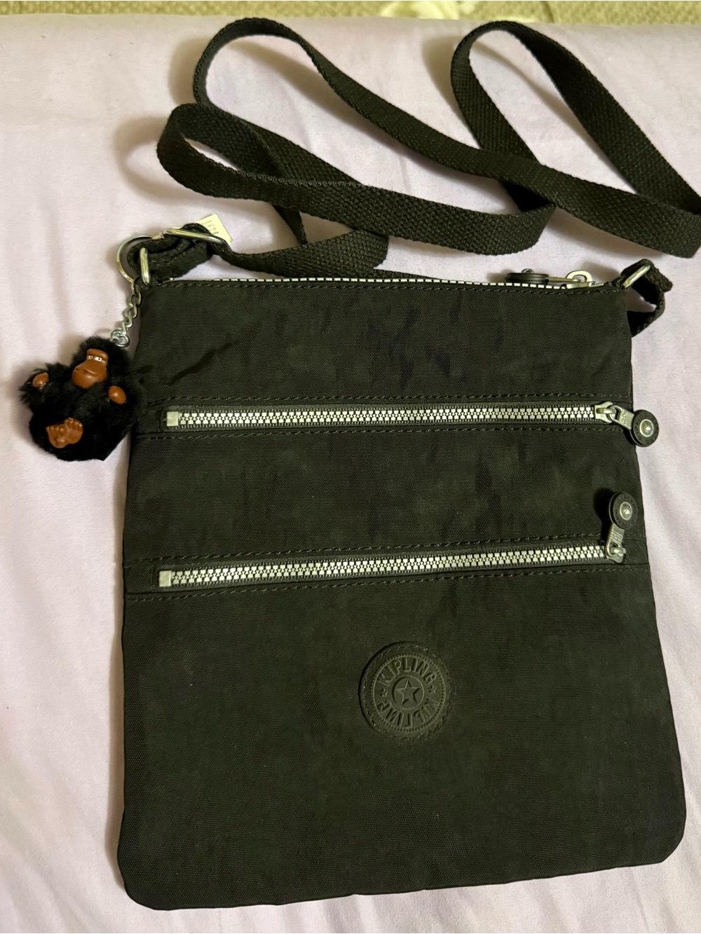 Kipling Black  Triple Zipper  Crossbody Bag Purse Monkey (very Clean)